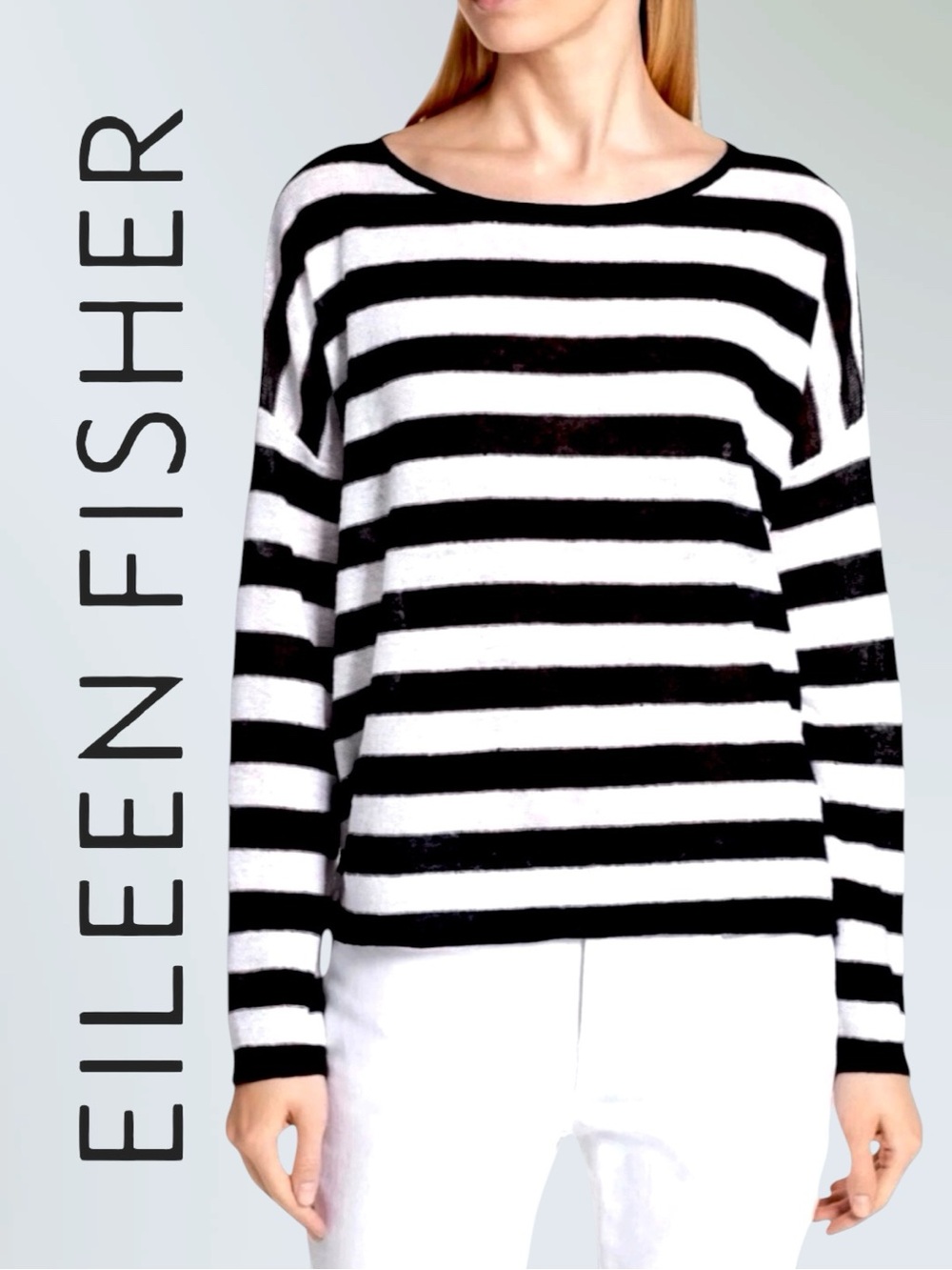 Eileen Fisher • Lightweight Black & White Classic Striped Linen Sweater || Large